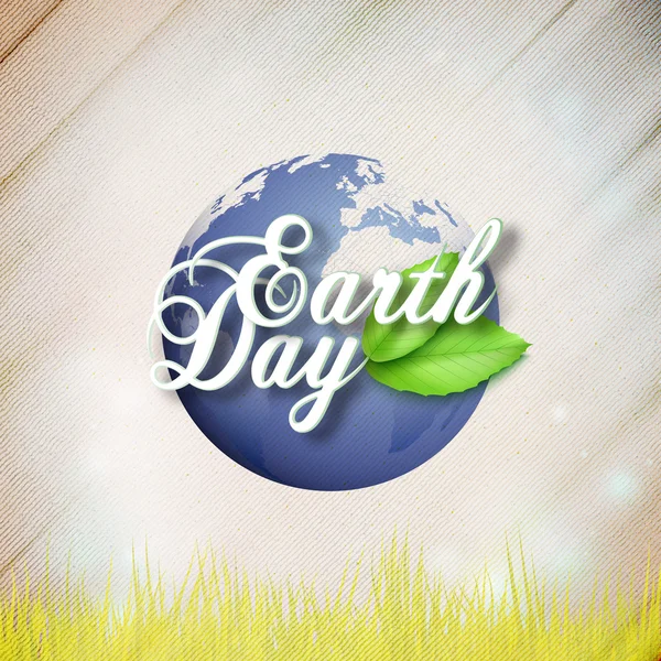 Dia da Terra fundo com as palavras, globo mundial e folhas verdes. Textura de madeira. Ilustração vetorial — Vetor de Stock