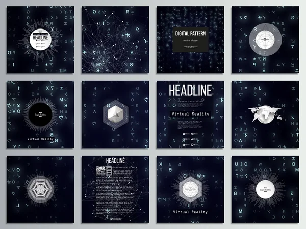 Conjunto de 12 tarjetas creativas, diseño de plantilla de folleto cuadrado. Realidad virtual, fondo de tecnología abstracta con símbolos azules, ilustración vectorial — Archivo Imágenes Vectoriales