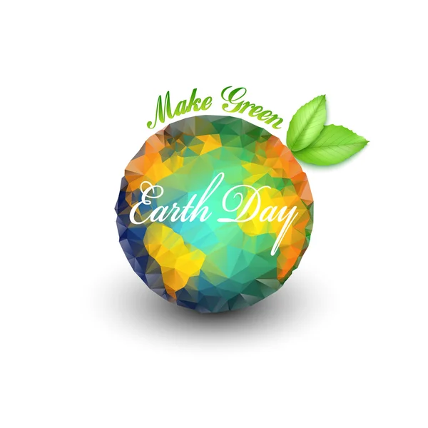 Dia da Terra fundo com as palavras, planeta e folhas verdes. Ilustração vetorial de design de triângulo — Vetor de Stock
