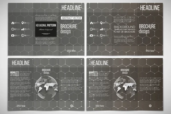 Set of tri-fold brochure design template on both sides with world globe element. Chemistry pattern, hexagonal vector illustration — Stock Vector