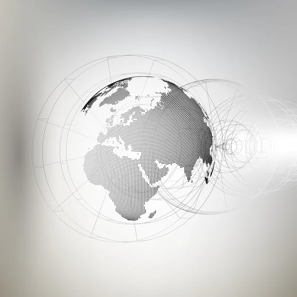 Globe mondial tridimensionnel pointillé avec construction abstraite sur fond gris, illustration vectorielle — Image vectorielle