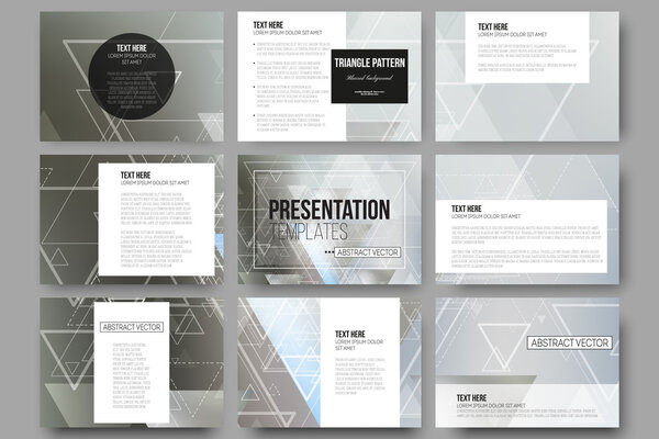 Set of 9 vector templates for presentation slides. Abstract blurred background with triangles, lines and dots