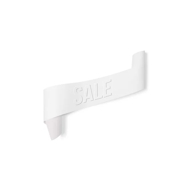 Sinal de venda branco, banner de papel, fita vetorial com sombra isolada no branco — Vetor de Stock