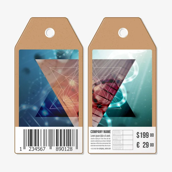 Vector tags design on both sides, cardboard sale labels with barcode. DNA molecule structure. Science background — Stockvector