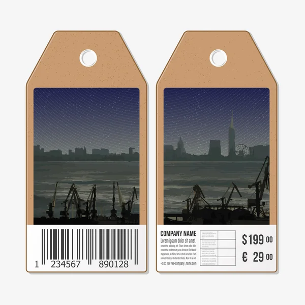 Vector tags design on both sides, cardboard sale labels with barcode. Shipyard and city landscape — Stock Vector