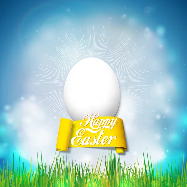 Feliz cartão de Páscoa com ovo. Fundo de vetor de mola brilhante — Vetor de Stock
