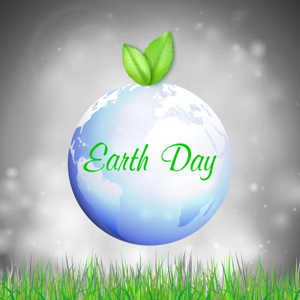 Dia da Terra fundo com as palavras, planeta azul, folhas verdes e grama. Ilustração vetorial — Vetor de Stock
