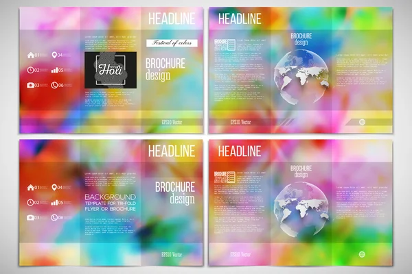 Vector set of tri-fold brochure design template on both sides with world globe element. Colorful background for Holi celebration, vector illustration — 图库矢量图片