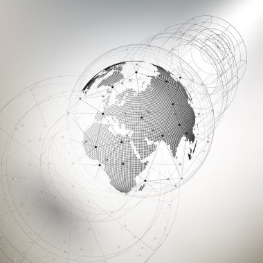 Gri arka plan, düşük poli tasarım vektör illüstrasyon üzerinde soyut inşaat ve moleküller ile üç boyutlu noktalı dünya küre