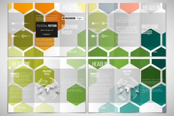 Vector set van Tri-Fold brochure ontwerpsjabloon aan beide zijden met wereldbol-element. Abstracte kleurrijke zakelijke achtergrond, moderne stijlvolle zeshoekige vector textuur — Stockvector