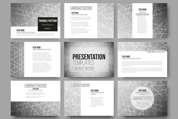 Conjunto de 9 plantillas de vectores para diapositivas de presentación. Geometría sagrada, diseño triangular fondo gris . — Vector de stock