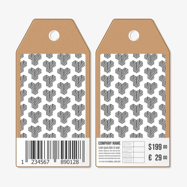Vector tags design on both sides, cardboard sale labels with barcode. Recurring cubes. Geometric pattern. Simple abstract monochrome texture — Stockový vektor