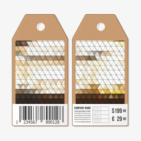 Design de etiquetas de vetor em ambos os lados, etiquetas de venda de papelão com código de barras. Design poligonal, fundos triangulares geométricos coloridos — Vetor de Stock