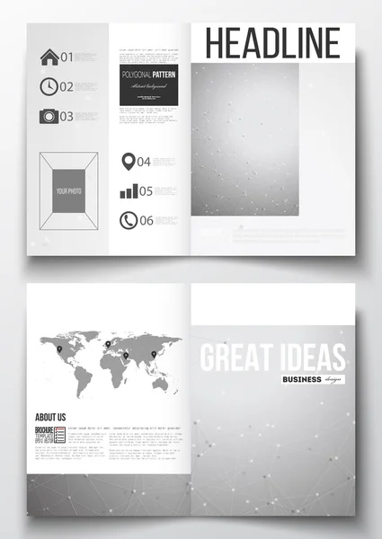 Set of business templates for brochure, magazine, flyer, booklet or annual report. Molecular construction with connected lines and dots, scientific design pattern on gray background. — Stock Vector