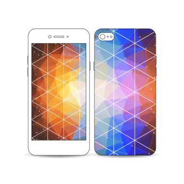 Beyaz arka plan üzerinde izole ekran ve kapak tasarımı örneği ile beyaz hareket eden smartphone. Renkli poligonal arka plan, modern şık üçgen vektör doku