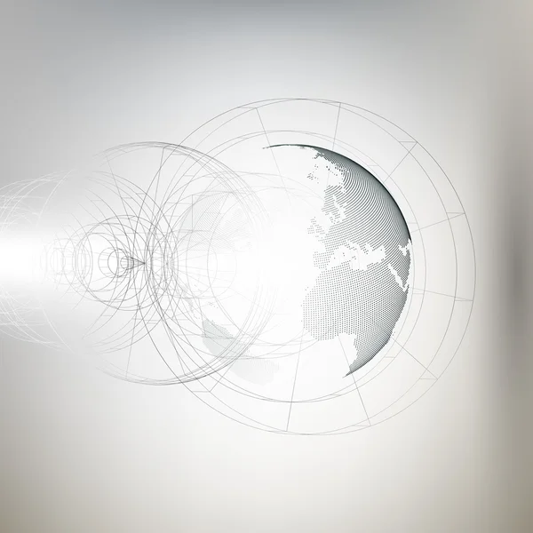 Dreidimensional gepunktete Weltkugel mit abstrakter Konstruktion auf grauem Hintergrund, Vektorillustration — Stockvektor