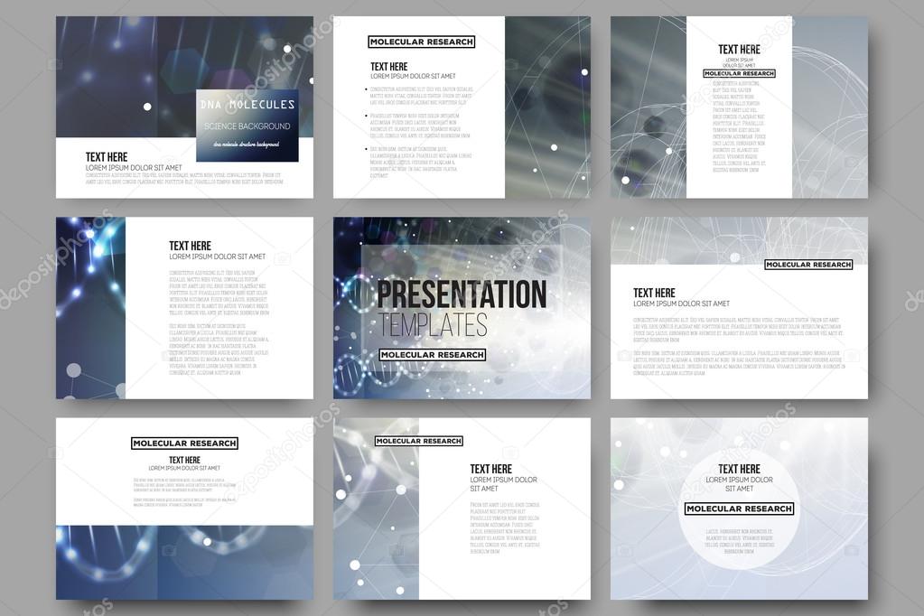 Set of 9 vector templates for presentation slides. DNA molecule structure on a blue background.