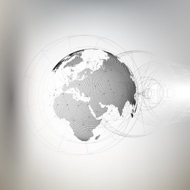 Gri arka plan, düşük poli tasarım vektör illüstrasyon üzerinde soyut inşaat ve moleküller ile üç boyutlu noktalı dünya küre