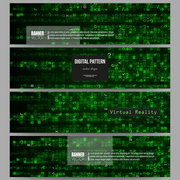 Набор современных баннеров. Виртуальная реальность, абстрактный технологический фон с зелеными символами, векторная иллюстрация . — стоковый вектор