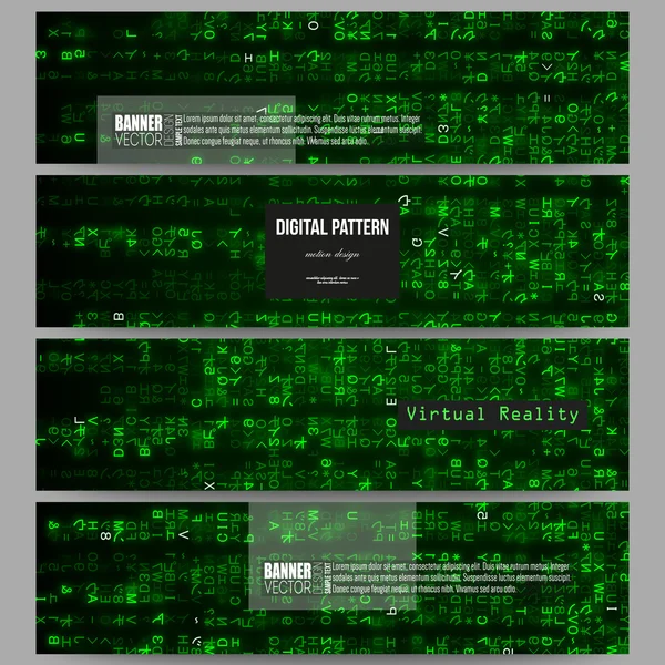 一套现代横幅。虚拟现实、带有绿色符号的抽象技术背景、矢量图. — 图库矢量图片