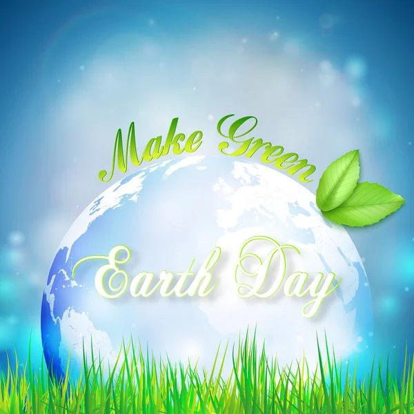 Dia da Terra fundo com as palavras, planeta azul, folhas verdes e grama. Ilustração vetorial — Vetor de Stock