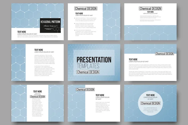 Set van 9 sjablonen voor presentatie dia's. Chemie patroon, zeshoekige ontwerp vectorillustratie — Stockvector