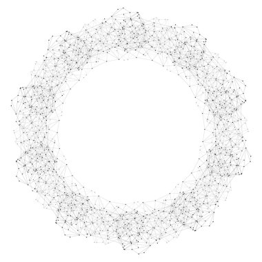 Round vector shape, molecular construction with connected lines and dots, scientific or digital design pattern isolated on white