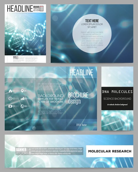 Reeks zakelijke sjablonen voor presentatie, brochure, flyer of brochure. DNA-molecuul structuur op donker blauwe achtergrond. — Stockvector