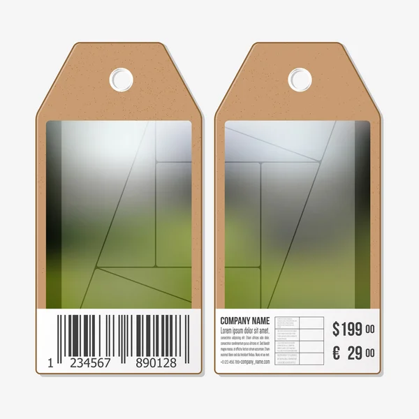 Векторные метки дизайн с обеих сторон, картонные этикетки продажи со штрих-кодом. Абстрактно зеленый фон размытых природных ландшафтов, геометрический вектор, триангулярная иллюстрация стиля — стоковый вектор