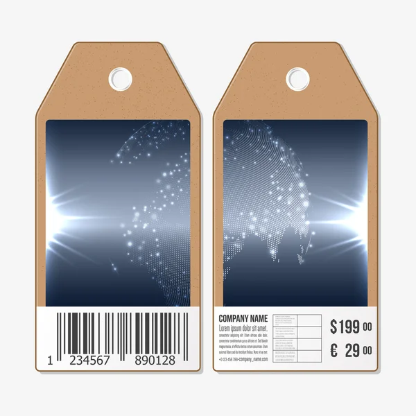Vector tags design on both sides, cardboard sale labels with barcode. Dotted world globe — Stockový vektor
