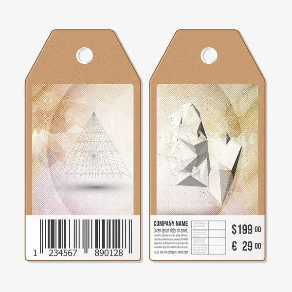 Design de etiquetas de vetor em ambos os lados, etiquetas de venda de papelão com código de barras. Design conceitual, pirâmide 3D abstrata, ilustração vetorial — Vetor de Stock