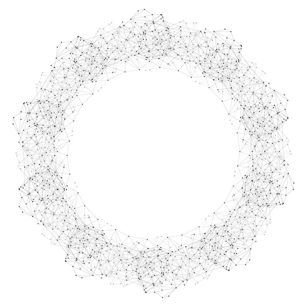 Round vector shape, molecular construction with connected lines and dots, scientific or digital design pattern isolated on white — 图库矢量图片