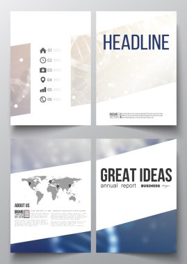 İş şablonları için broşür, dergi, broşür, kitapçık veya faaliyet raporu ayarlayın. Mavi bir arka plan üzerinde DNA molekül yapısı. Bilim vektör.