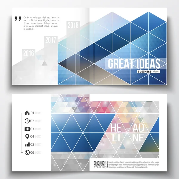 Broşür, dergi, el ilanı veya kitapçık için yıllık rapor iş şablonları kümesi. Üzerinde bulanık görüntü ile soyut renkli çokgen arka plan, modern şık üçgen vektör doku