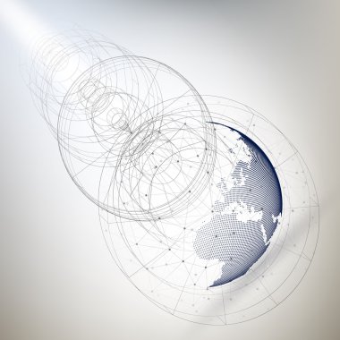 Gri arka plan, düşük poli tasarım vektör illüstrasyon üzerinde soyut inşaat ve moleküller ile üç boyutlu noktalı dünya küre