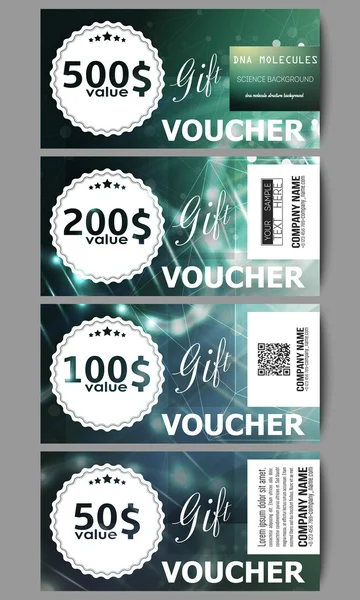 Set of modern gift voucher templates. DNA molecule structure on dark green background. Science vector background — Διανυσματικό Αρχείο