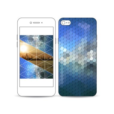 Beyaz arka plan üzerinde izole ekran ve kapak tasarımı örneği ile hareket eden smartphone. Renkli poligonal zemin, bulanık resim, modern şık üçgen altıgen vektör doku.