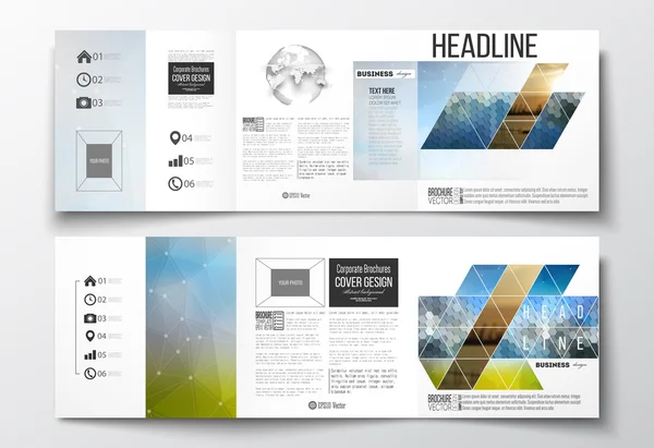 Vector set of tri-fold brochures, square design templates. Abstract colorful polygonal background with blurred image on it, modern stylish triangular and hexagonal vector texture.