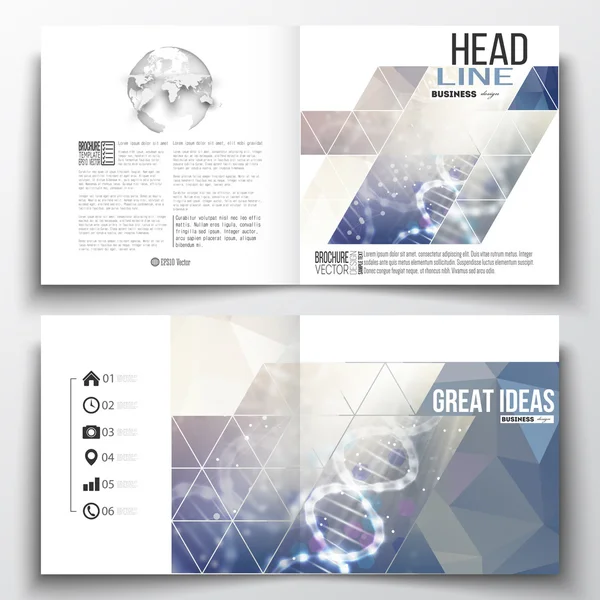 Set van vierkante ontwerp brochure sjabloon. DNA molecuulstructuur op een blauwe achtergrond. Science vector. — Stockvector