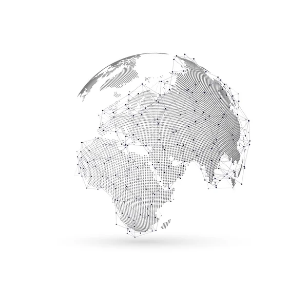 Globo tridimensionale punteggiato del mondo con costruzione astratta e molecole su sfondo bianco, illustrazione vettoriale a basso disegno poli — Vettoriale Stock