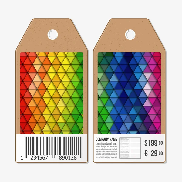 Vektor-Tags Design auf beiden Seiten, Karton-Verkaufsetiketten mit Barcode. polygonales Design, bunte geometrische dreieckige Hintergründe — Stockvektor