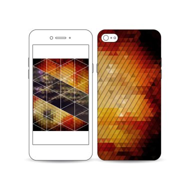 Beyaz arka plan üzerinde izole ekran ve kapak tasarımı örneği ile beyaz hareket eden smartphone. Renkli poligonal arka plan, modern şık üçgen vektör doku