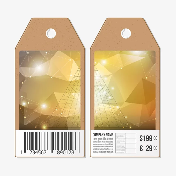 Diseño de etiquetas vectoriales en ambos lados, etiquetas de venta de cartón con código de barras. Pirámide abstracta 3D, fondo geométrico de triángulo colorido . — Vector de stock