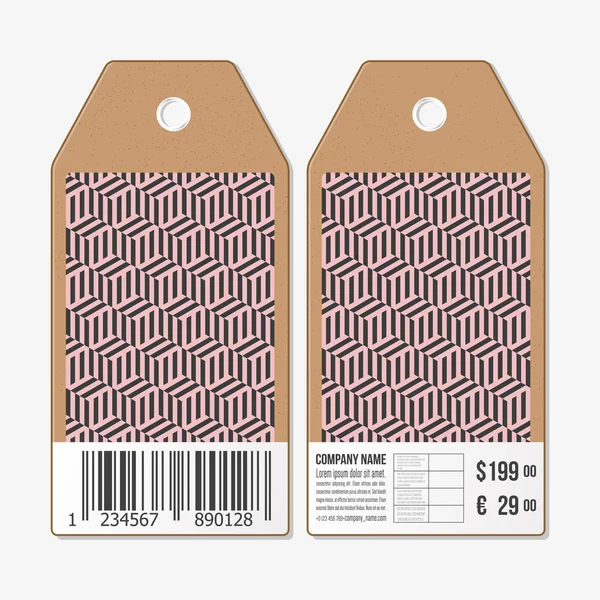 Vektor-Tags Design auf beiden Seiten, Karton-Verkaufsetiketten mit Barcode. wiederkehrende Würfel. geometrisches Muster. einfache abstrakte monochrome Textur — Stockvektor