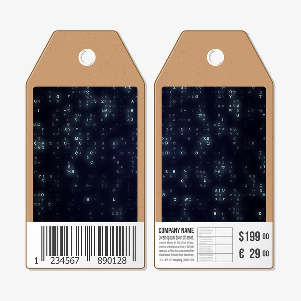 Tags design des deux côtés, étiquettes de vente en carton avec code à barres. Réalité virtuelle, fond technologique abstrait, illustration vectorielle . — Image vectorielle