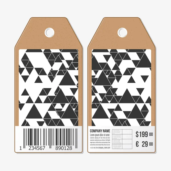 Tags design, etiquetas de venda de papelão com código de barras. Padrão vetorial triangular. Triângulos pretos abstratos sobre fundo branco — Vetor de Stock
