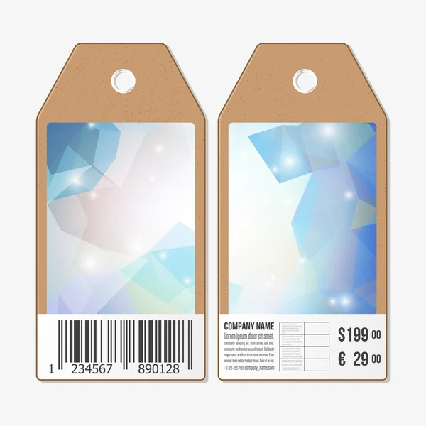 Conception d'étiquettes vectorielles des deux côtés, étiquettes de vente en carton avec code à barres. Conception polygonale, milieux triangulaires géométriques colorés — Image vectorielle