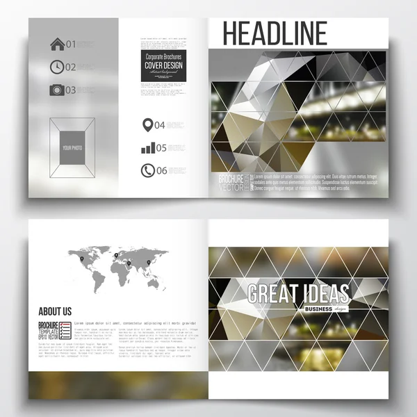 Vector set of square design brochure template. Colorful polygonal background, blurred image, night city landscape, modern stylish triangular vector texture — Διανυσματικό Αρχείο