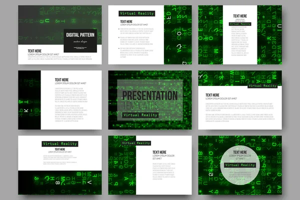 Set of 9 templates for presentation slides. Virtual reality, abstract technology background with green symbols, vector illustration — Διανυσματικό Αρχείο