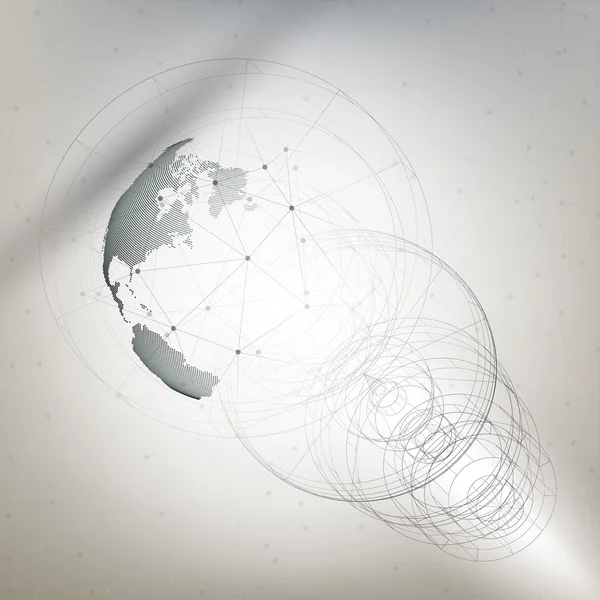 Globo mondo punteggiato tridimensionale con costruzione astratta e molecole su sfondo grigio, illustrazione vettoriale a basso disegno poli — Vettoriale Stock